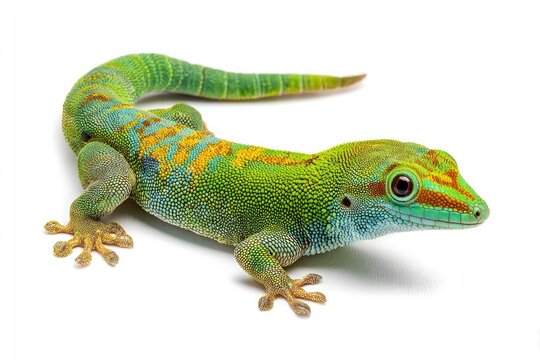 A green gecko with gold and blue stripes curves its body standing on a white background