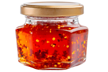Glimmering jar of chili oil with vibrant red color and floating spices, set against a clean backdrop