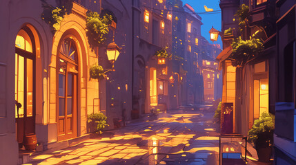 Beautiful street lights at night casting warm glow on cobbled streets, peaceful evening vibe