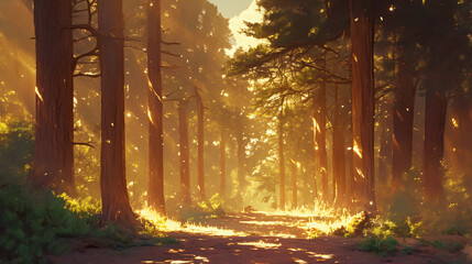 Beautifully lit forest path through tall trees, golden sunlight streaming down, enchanted forest