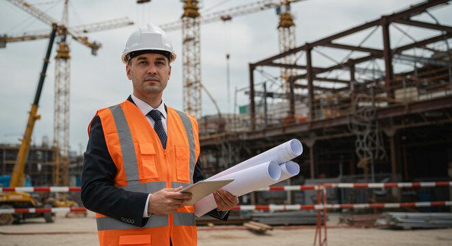 Professional Male Engineer with Tablet and Blueprints at Construction Site