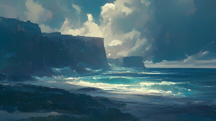Coastal cliffs with crashing waves under a dramatic, cloudy sky, moody lighting