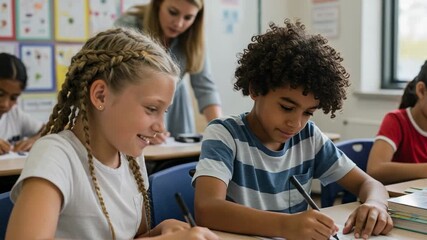 Happy diverse elementary school students writing in classroom. Young girl and boy learning together at their desk with a teacher in the background. - Powered by Adobe