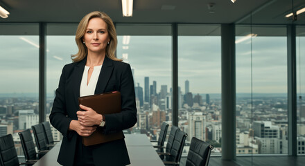Confident Businesswoman in Modern Office Overlooking City Skyline
