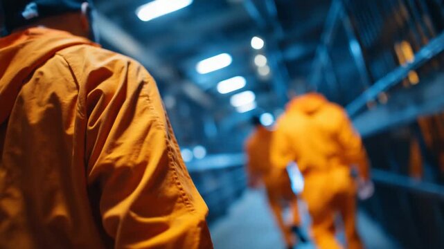 A dramatic low-angle view captures prisoners in orange suits walking through a shadowy, gray prison hallway.