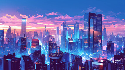 Glowing city skyline at night with bright lights and skyscrapers, urban atmosphere