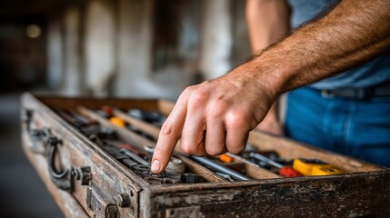 Close-up of Hand Selecting Tool from Vintage Wooden Toolbox, Rustic Workshop Setting
