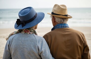 Elderly couple wearing hats enjoys serene beach view. Recall fond memories of courtship, embracing ocean breeze, sandy shore. Enduring love story unfolds against backdrop of calm sea waters.