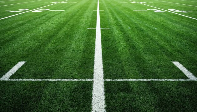 Vibrant soccer field with crisp white line marking. Rich green grass under open sky. Field perspective from top, looking down. Well-maintained grass, lines clearly visible. Synthetic turf with lined