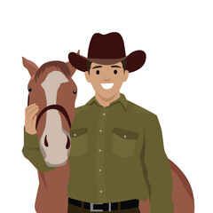 Cowboy wearing a wide brimmed hat stands beside his horse, gently holding its face. Flat vector illustration isolated on white background