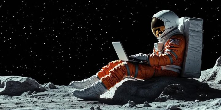 astronaut with laptop on the moon, AI generated video