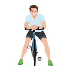 Fit and cheerful man in athletic wear leans on his bicycle handlebars, Energy and enthusiasm. Flat vector illustration isolated on white background