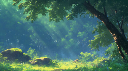 Peaceful forest with thick canopy and glowing morning mist, immersive nature