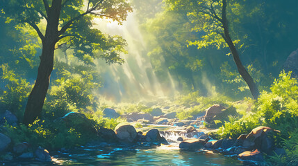 River flowing through dense forest, sunlight beaming through leaves, peaceful scene
