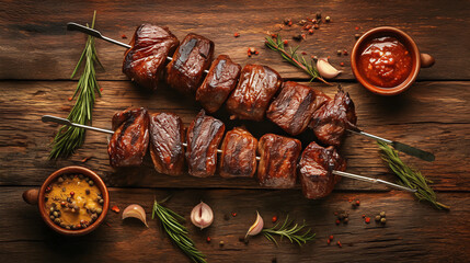 Roasted meat skewers on rustic wooden table, juicy texture, appetizing photo