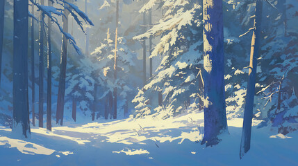 Snowy forest with tall pine trees, soft light filtering through the branches, calm winter scene