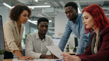 Diverse team of young business professionals collaborating in a modern office. Multiethnic colleagues analyzing data and documents during a team meeting. - Powered by Adobe