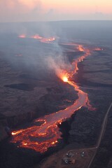 Aerial View Of Lava Flowing From Volcano At Sunset