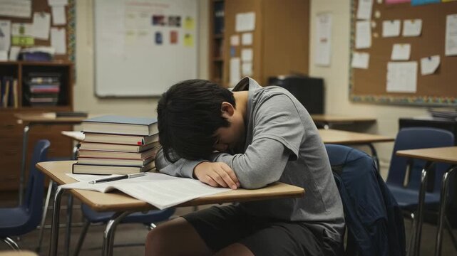 Young male student sleeping at his desk in a classroom. Exhausted teenager feeling stressed and overworked from studying.