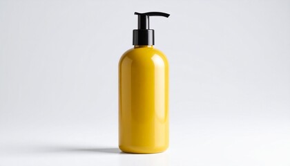 A single, yellow, cylindrical bottle with a black pump dispenser, displayed against a neutral background.