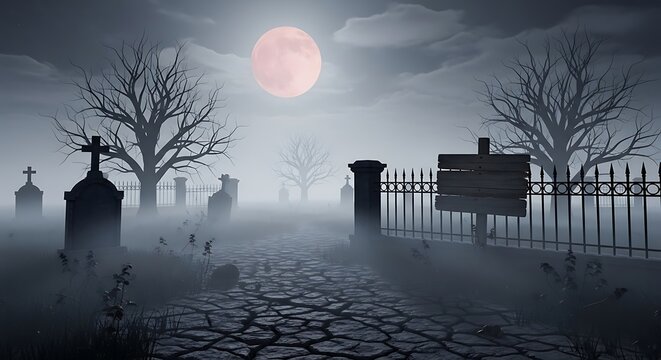 Foggy Graveyard at Night with Full Moon and Bare Trees
