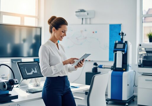 Scientist uses digital tablet for data analysis in modern lab.