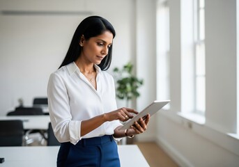 Elegant businesswoman uses tablet in a bright, modern office setting.

