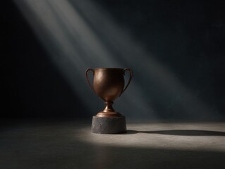 Bronze trophy cup on stage with subtle spotlight highlighting dramatic ambiance