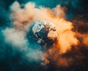 A rendered planet earth shrouded in cosmic nebulous clouds of space