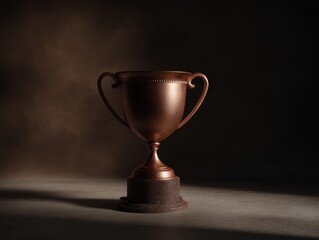 Bronze trophy cup under spotlight on dramatic stage for award ceremony or achievement recognition