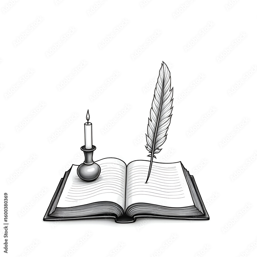 Fototapete old book with feather pen and candle vector line art on copy space white background/ open book and f