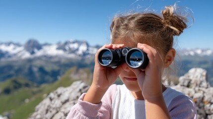 A child using binoculars to explore a scenic mountain landscape.