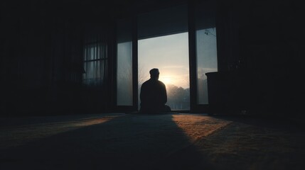 Silhouette of person at window at sunrise