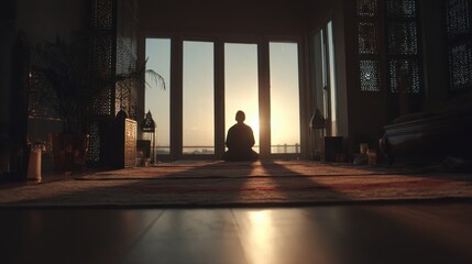 Silhouette of person meditating in sunlit room