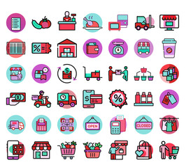 llustration of a store with three connected shopping baskets below, concept image
