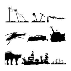 Flat vector destroyed icon set for apocalypse, war theme projects