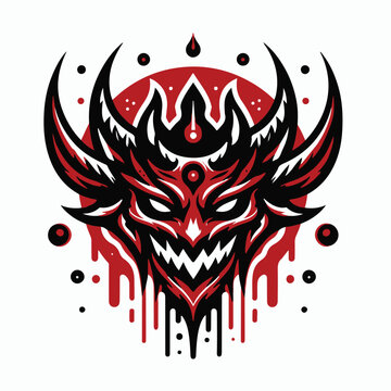 Demonic Oni Mask Vector Illustration with Red and Black Tribal Style