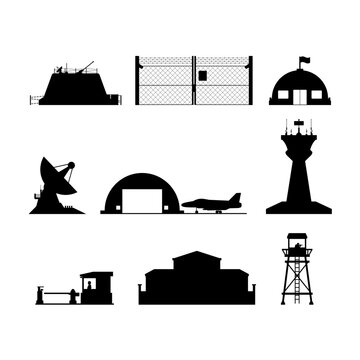 Flat vector military building icon set for security theme projects