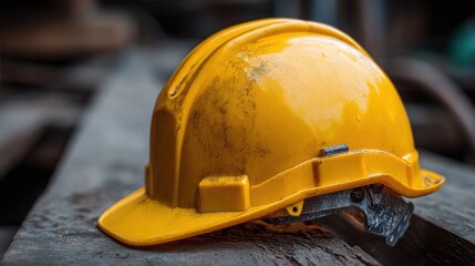 Used Yellow Hard Hat on Wooden Surface