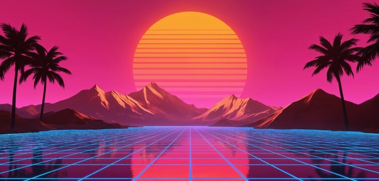 Synthwave illustration features retro sunset over neon grid landscape. Palm trees and mountains create a futuristic 80s vibe. Cyberpunk aesthetic with vibrant pink, orange, and blue hues.