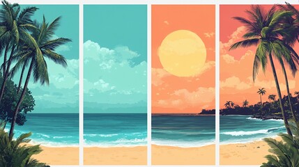 Tropical beach scenes, four time of day, digital art, background