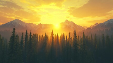 Obraz premium Golden sunset over mountain forest