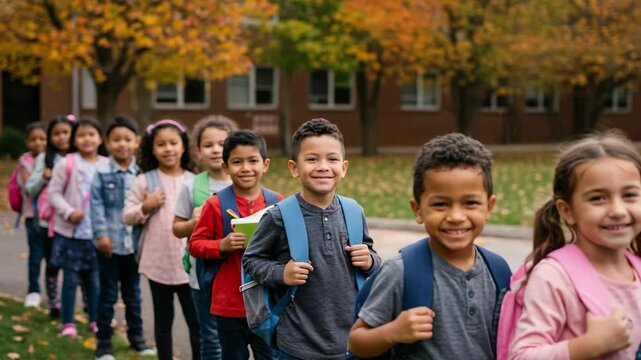 A line of happy diverse elementary school children with backpacks. Multiethnic students smiling outside the school building in autumn.