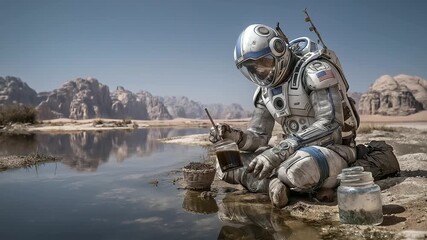 Martian astronaut harvesting oxygen-producing algae in Martian sky