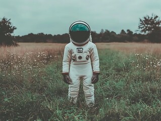 An astronaut stands in a grassy field under a cloudy sky