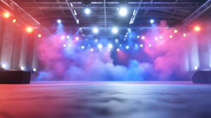 Ethereal Concert Stage: Pink & Blue Haze, Dramatic Lighting, Empty Stage