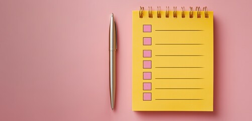 Minimal flat lay of a yellow spiral checklist notebook with pink checkboxes and a silver pen on a pastel pink background. Concept of organization, planning, productivity, and to-do list creation.