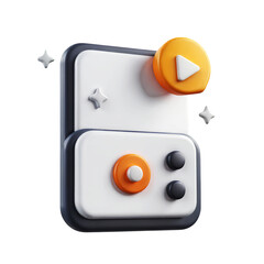 Stylized rendering of a handheld gaming device with play button and stars around on transparent background