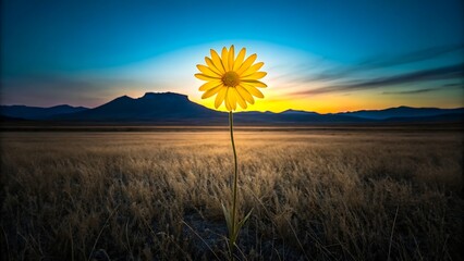 Beautiful single yellow flower in dry grass field with sunrise and mountain landscape

