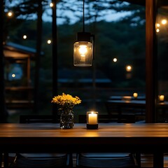 A cozy outdoor dining table illuminated by soft lighting